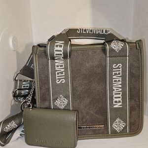 Steve Madden Olive Faux Suade Satchel And Card Holder With Guitar Strap NWTs